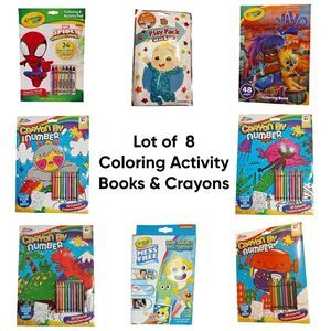 Lot of 8 Coloring Activity Book Crayons Markers Dino Mermaid Alien Spidey